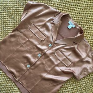 Rachel Zoe satin short sleeve button-down shirt